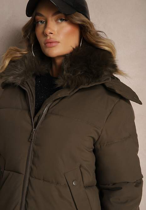 Zielona Kurtka o Długim Kroju z Pikowaniem Odpinanym Futerkiem i Kapturem Vilathra