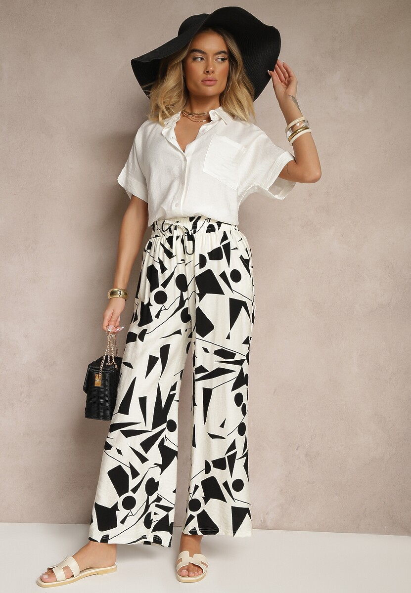 Niebieskie Szerokie Spodnie High Waist z Wiskozy Zdobione Abstrakcyjnym Printem Zileira