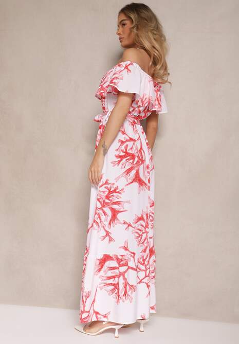 Czerwono-Biała Rozkloszowana Sukienka Hiszpanka z Wiązaniem w Talii Sesalira