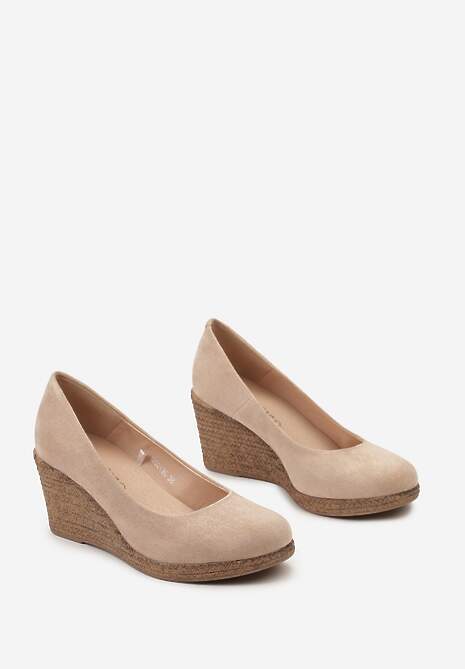 Beżowe Czółenka Vices na Koturnie z Błyszczącej Plecionki ze Skórzaną Wkładką Utruste