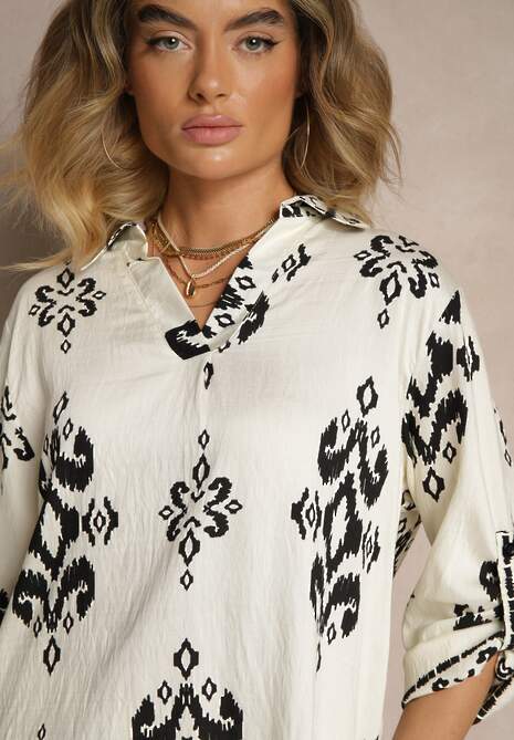 Biały Komplet z Wiskozą Koszula i Spodnie Zdobione Etnicznym Printem Mepina