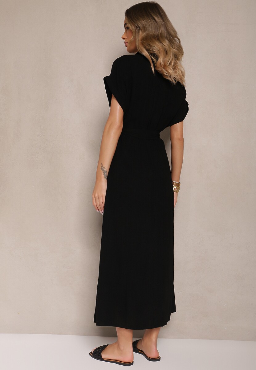 Czarna Sukienka z Wiskozy i Lnu o Koszulowym Kroju z Paskiem Efralissea