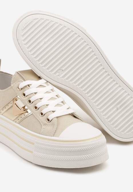 Beżowe Trampki na Platformie Ozdobione Metaliczną Aplikacją Telanoreta