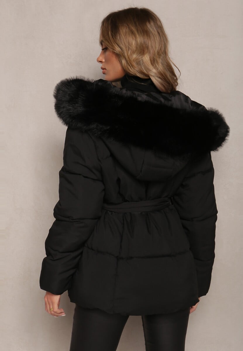 Czarna Wiązana Kurtka z Pikowaniem i Kapturem z Futerkiem Elinerra