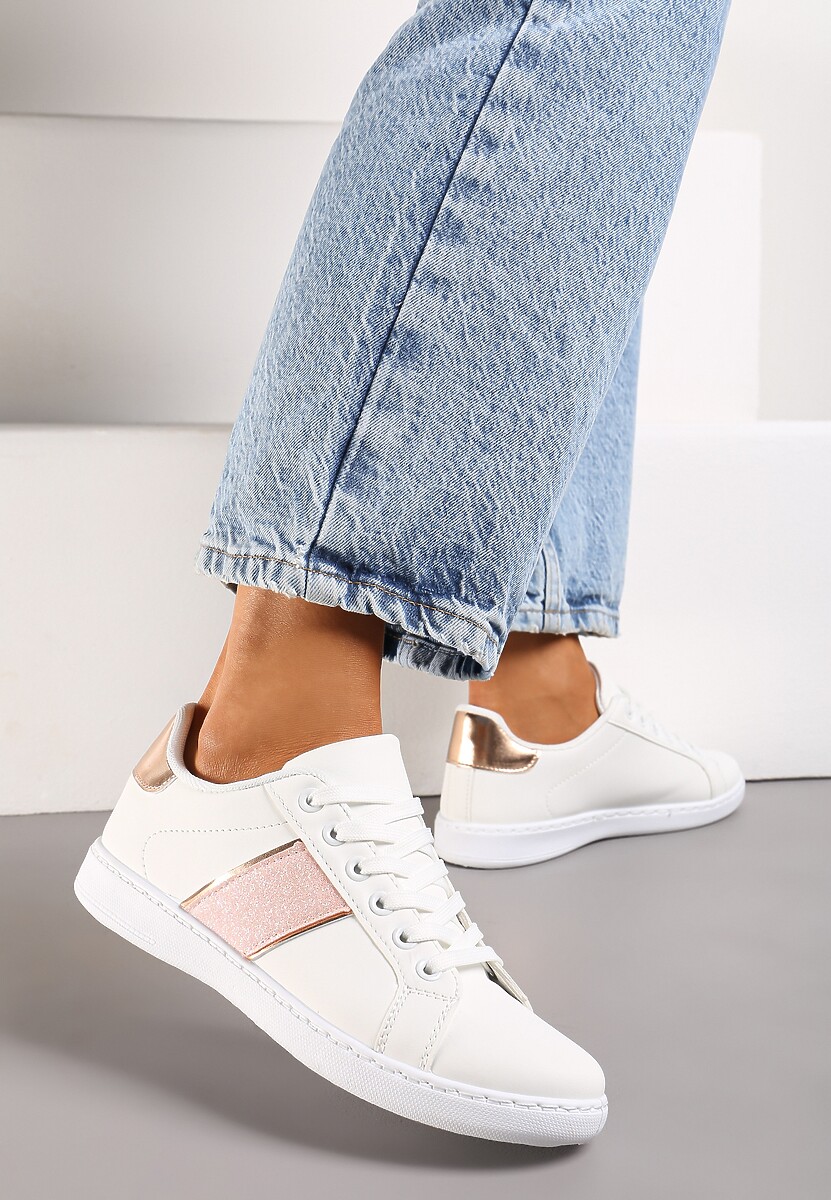 Biało-Różowe Sneakersy Sznurowane Ozdobione Brokatem Vistasta