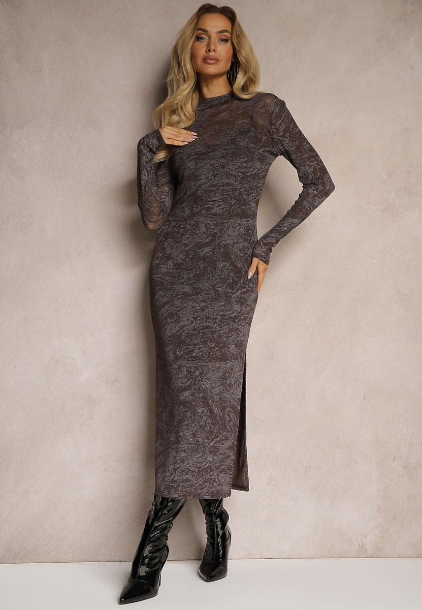 Brązowo-Szara Dopasowana Sukienka z Siateczki z Wiskozą Zdobiona Rozcięciami z Halką Distaria