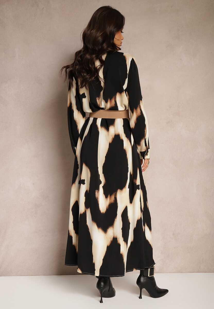 Beżowo-Czarna Koszulowa Sukienka w Panterkę Ozdobiona Paskiem Valentola