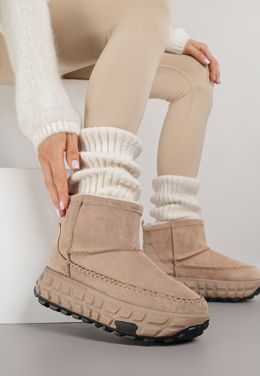 Ciemnobeżowe Śniegowce na Platformie Ozdobionej Tłoczeniem Apinelle