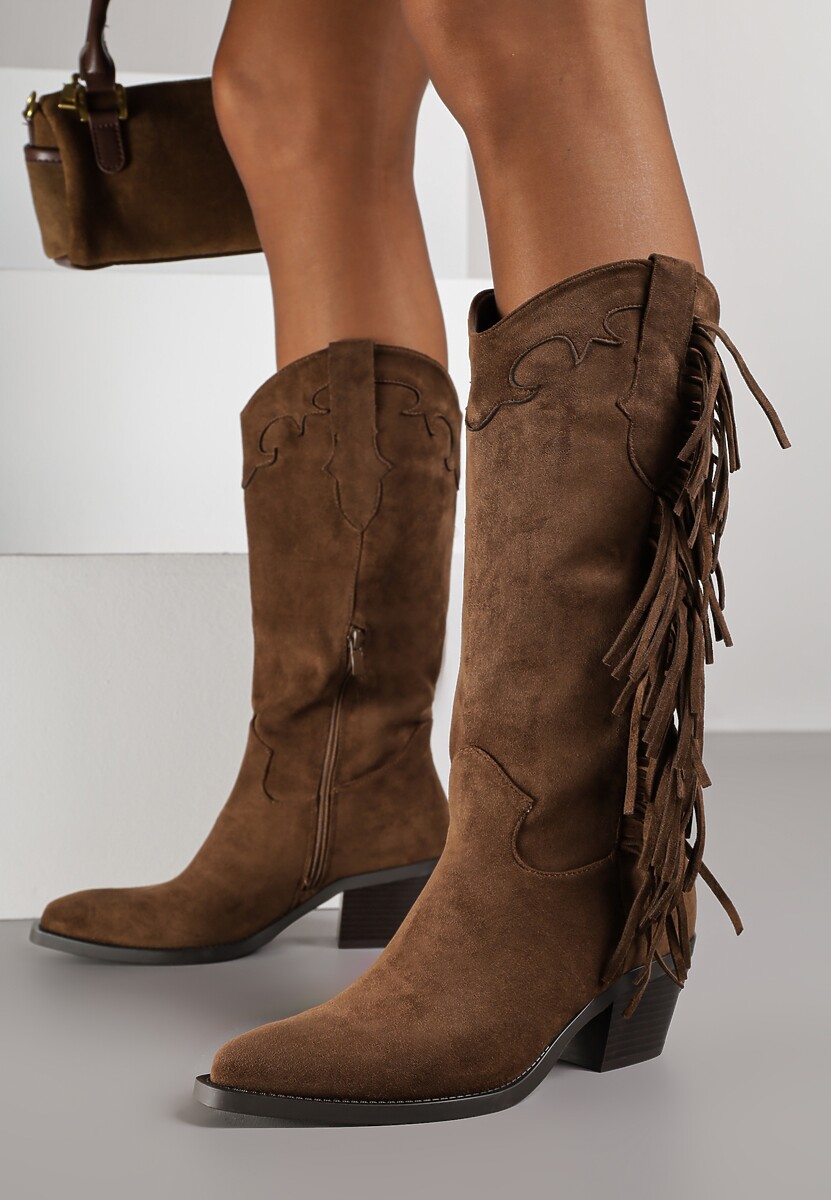 Ciemnobeżowe Kozaki Kowbojki na Stożku Ozdobione Frędzlami Reianeva