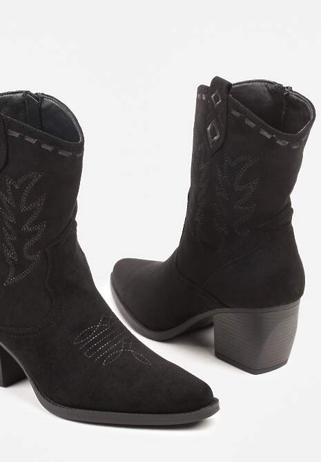 Czarne Botki Kowbojki na Stożku Ozdobione Haftem Falacine