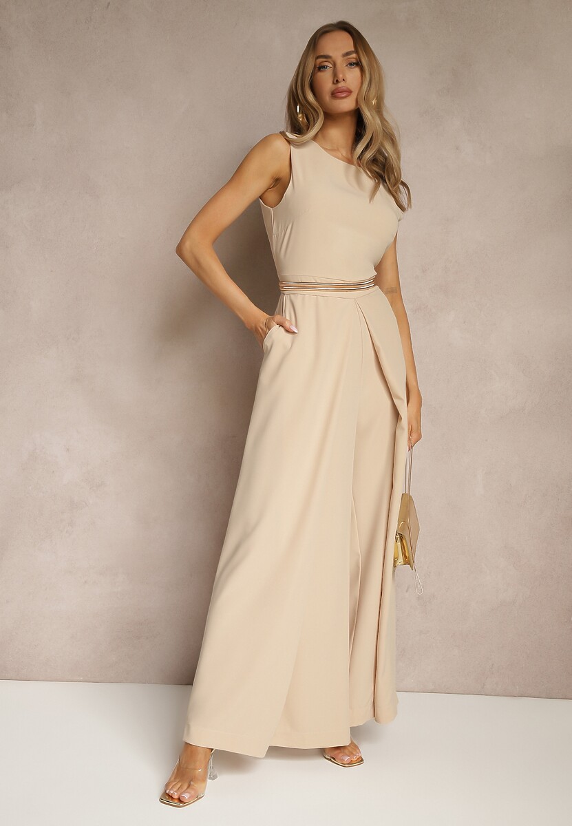 Beżowy Kombinezon Bez Rękawów z Nogawkami Wide Leg Noreldi