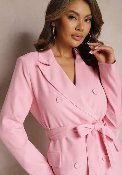 Różowa Marynarka Sukienka z Paskiem w Talii Dwurzędowa z Poduszkami w Ramionach Noreana