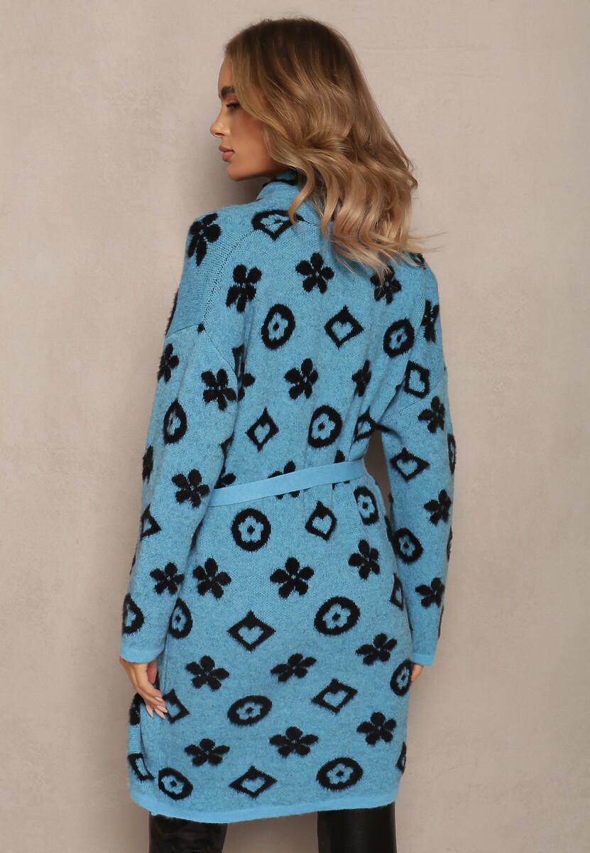 Niebieski Kardigan z Wiązanym Paskiem Ozdobiony Wzorem w Kwiaty Timonen