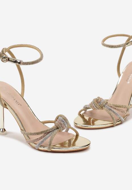 Złote Lakierowane Sandały Vices na Szpilce z Cyrkoniami na Paskach Vanarila