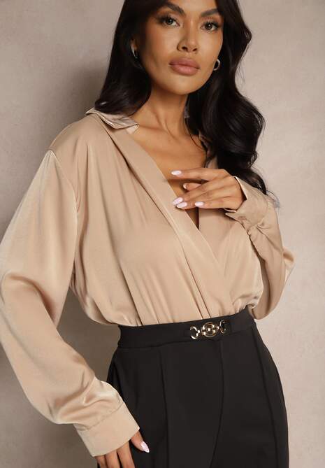 Czarno-Beżowy Kopertowy Kombinezon z Elegancką Koszulową Górą i Szerokimi Nogawkami Vareti