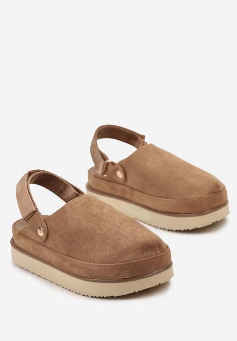 Ciemnobeżowe Klapki Mule w Stylu Chodaków na Niskiej Platformie Xrea