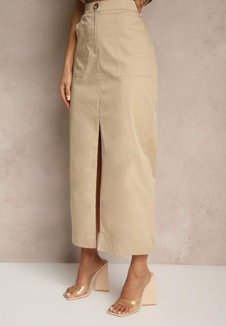 Beżowa Ołówkowa Spódnica z Bawełny High Waist z Rozcięciem z Przodu Aliselle