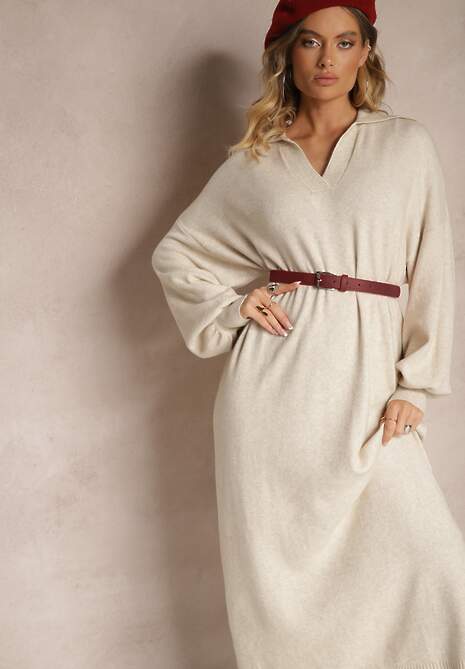 Jasnobeżowa Sweterkowa Sukienka z Wiskozą o Pudełkowym Kroju Ozdobiona Kołnierzykiem Clarinnae