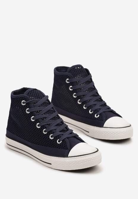 Granatowe Trampki za Kostkę z Perforacją Welagia