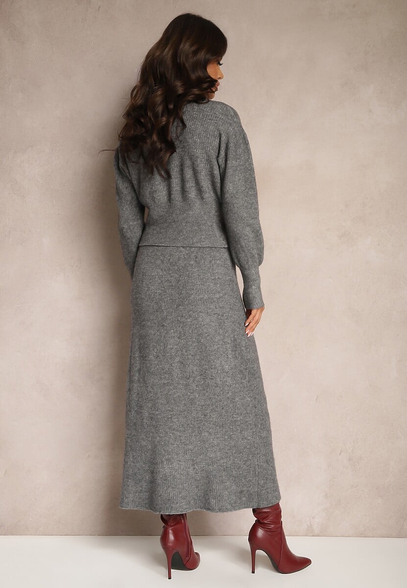 Ciemnoszary Komplet z Dzianiny z Wełną Kardigan z Guzikami i Spódnica z Gumką w Talii Melzina