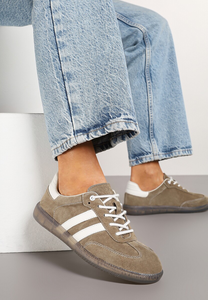 Ciemnobeżowe Płaskie Sneakersy ze Skóry Naturalnej z Ozdobnymi Paskami Nelarielis