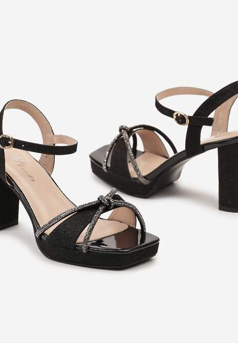 Czarne Brokatowe Sandały Na Wysokim Słupku z Zapięciem na Sprzączkę Anledima