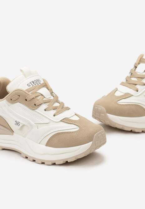 Beżowe Sneakersy z Ekoskóry ze Sznurowaniem i Ozdobnymi Naszywkami Ocellia