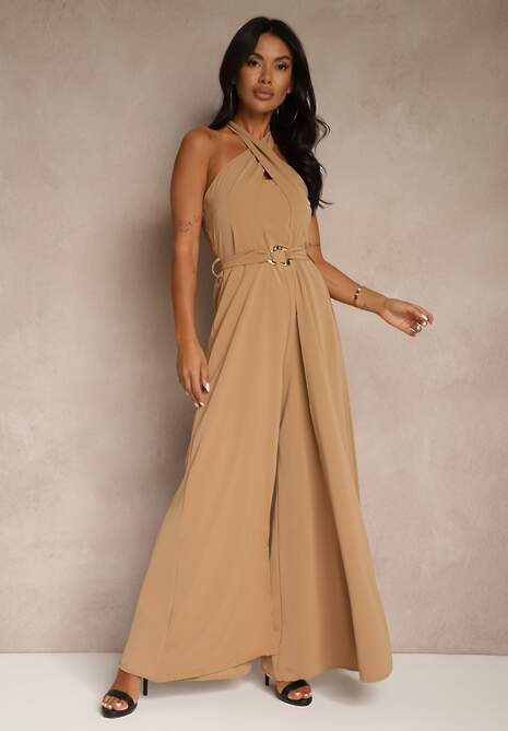 Ciemnobeżowy Kombinezon Koktajlowy Ozdobiony Paskiem z Metaliczną Klamrą Zermira