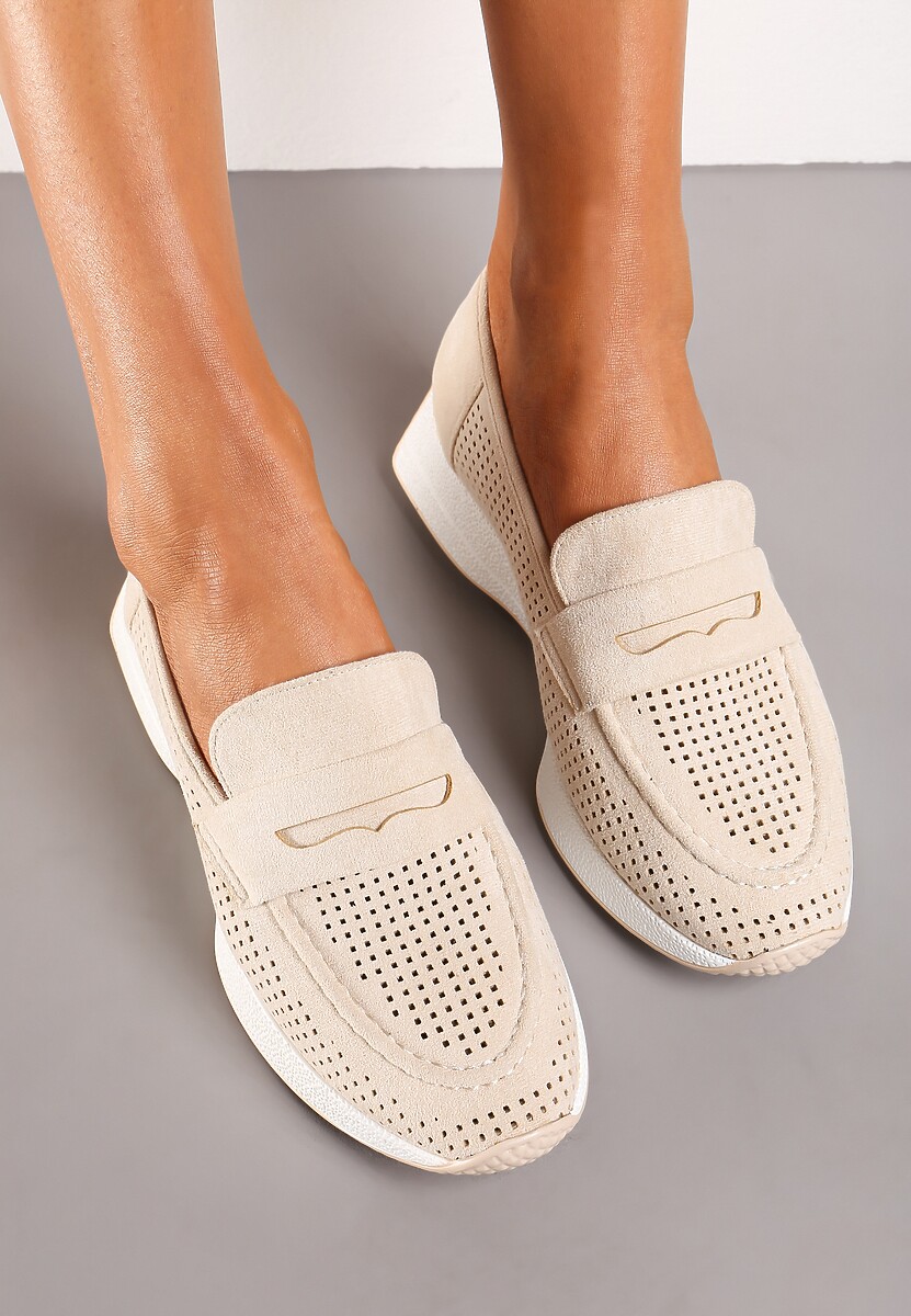 Beżowe Ażurowe Półbuty Mokasyny na Niewysokiej Platformie Zuni
