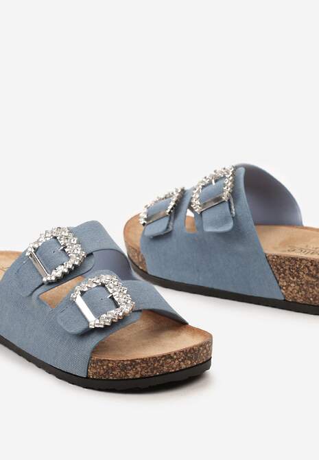 Niebieskie Klapki na Grubej Korkowej Podeszwie z Cyrkoniami i Metalicznymi Sprzączkami Elilahia