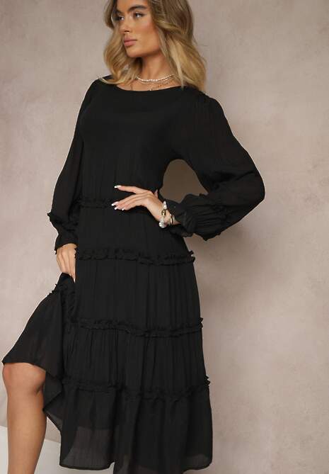 Czarna Bawełniana Sukienka z Ozdobnymi Falbankami Eranisa