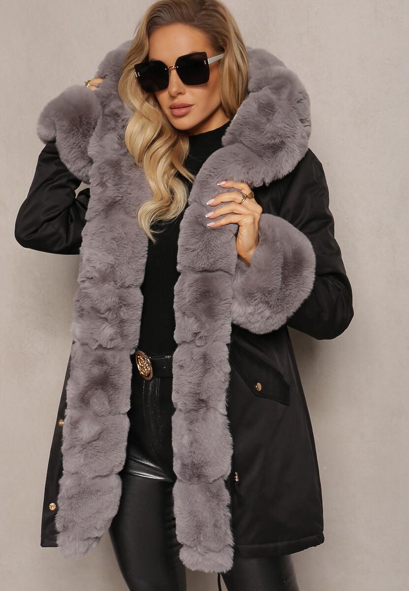 Czarno-Szara Kurtka Parka z Paskiem w Talii i Kapturem z Futerkiem Hizontia