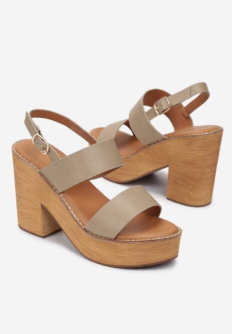 Ciemnobeżowe Sandały w Stylu Drewniaków na Słupku z Platformą Sohani