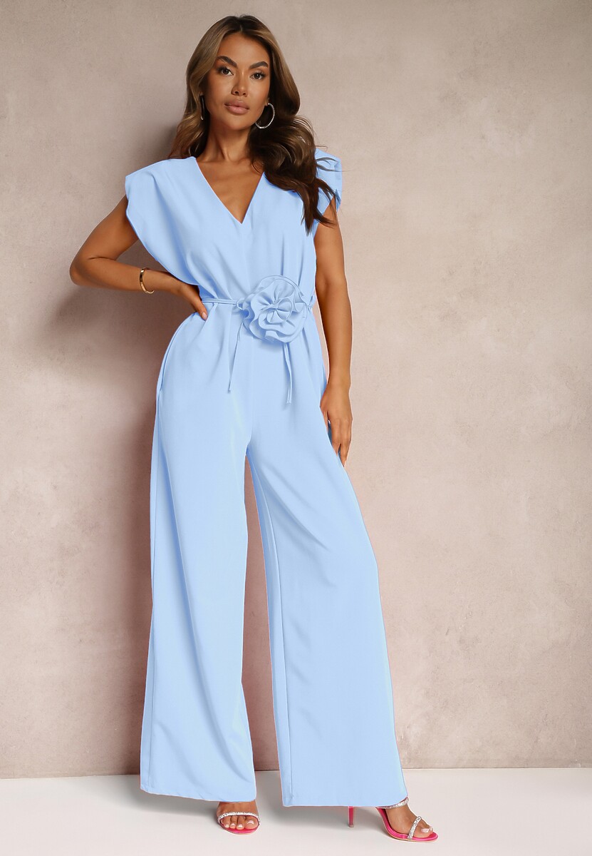 Różowy Kombinezon Wykończony Prostymi Szerokimi Nogawkami z Wiskozą i Kwiatem 3D Dimentia