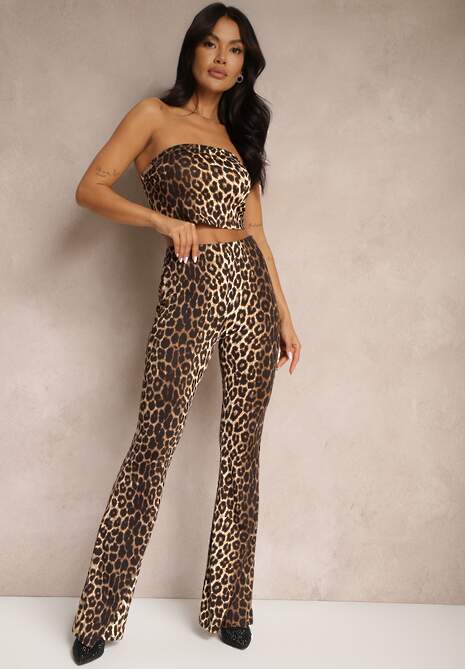 Beżowo-Brązowe Spodnie w Panterkę Dzwony Efralicea