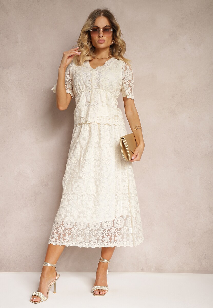 Jasnobeżowy Koronkowy Komplet 2-Częściowy Bluzka ze Ściągaczem w Talii Spódnica z Gumką Cenadea