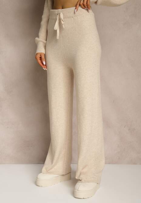 Beżowy Komplet z Wełną i Bawełną Rozpinana Bluza z Kapturem i Szerokie Spodnie Reisema