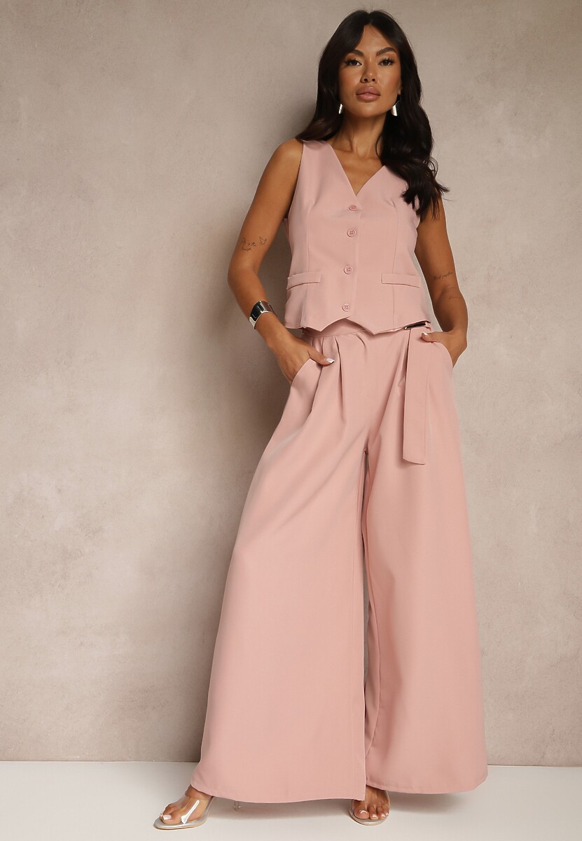 Różowy Komplet Garniturowy z Kamizelką i Spodniami o Szerokim Kroju Ravirana