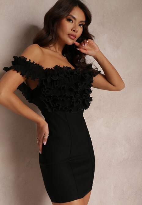 Czarna Dopasowana Sukienka na Ramiączkach z Falbanką Hemomay
