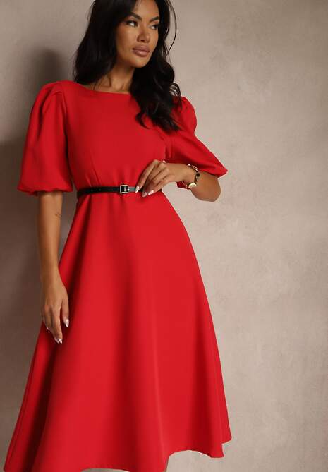 Czerwona Rozkloszowana  Sukienka Ozdobiona Bufiastymi Rękawami Melianis