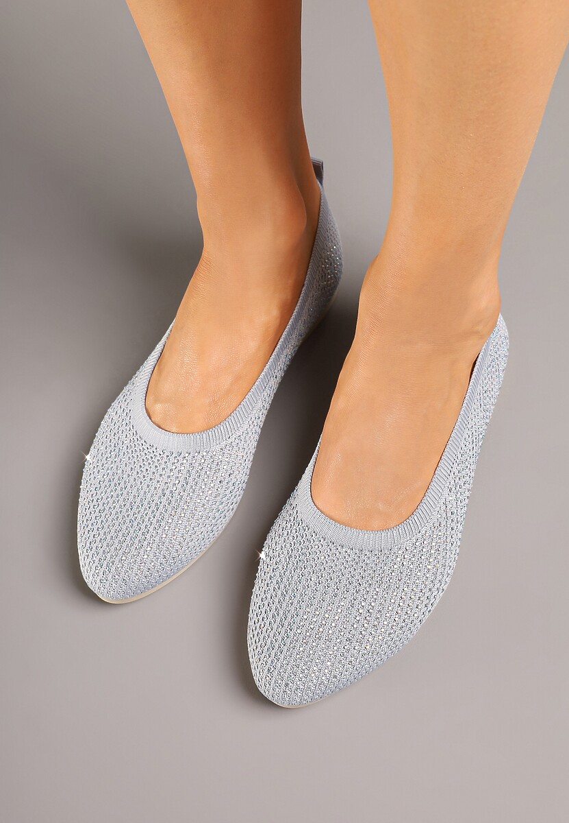 Szare Elastyczne Balerinki z Cholewką Zdobioną Metalicznymi Przeszyciami Elitella