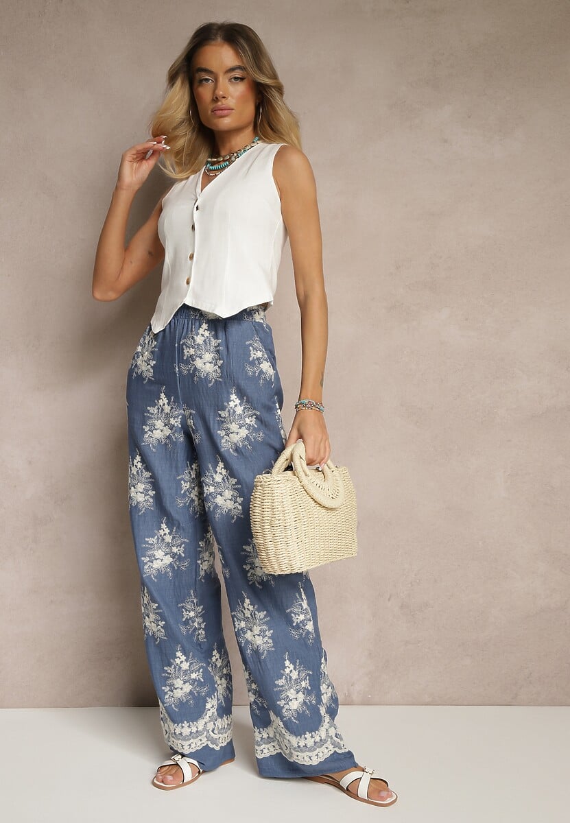 Niebieskie Spodnie Szerokie z Bawełną i Lnem High Waist Ozdobione Kwiatami Danniele