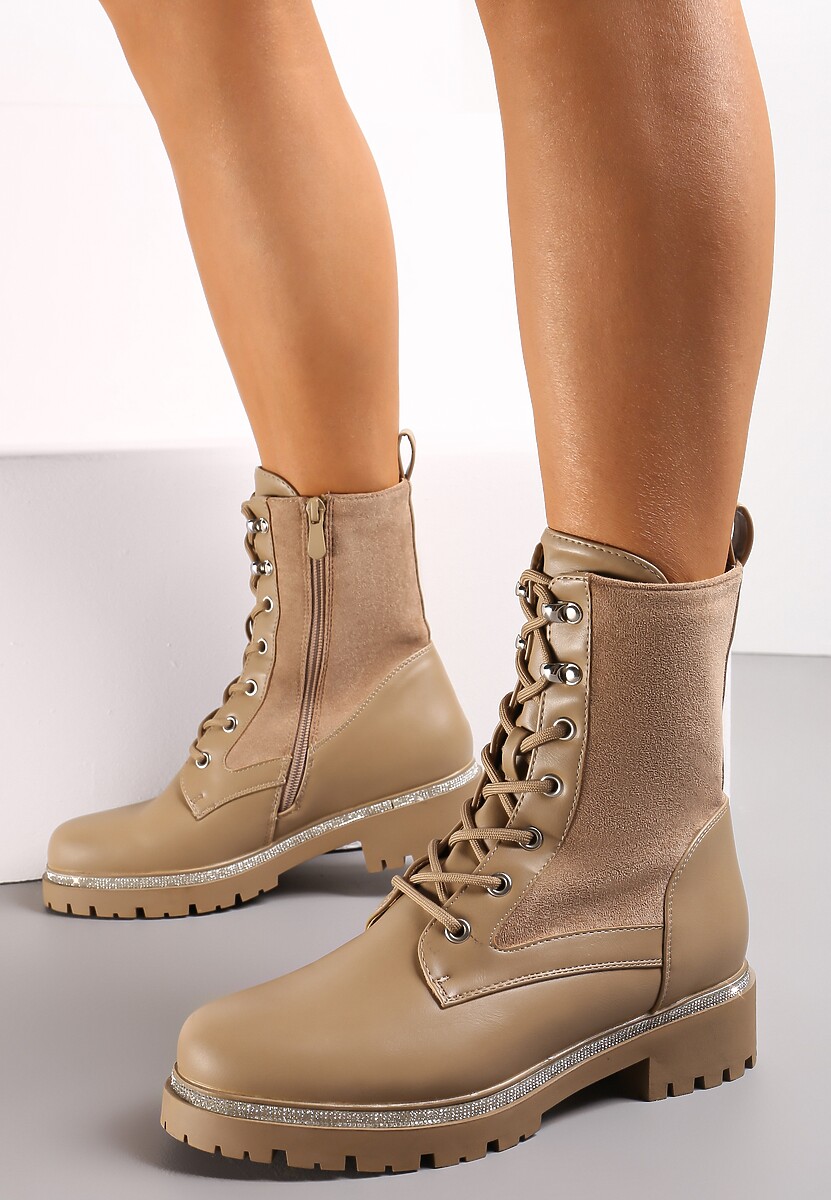 Ciemnobeżowe Sznurowane Botki Workery na Płaskiej Podeszwie Ozdobionej Cyrkoniami Musilia