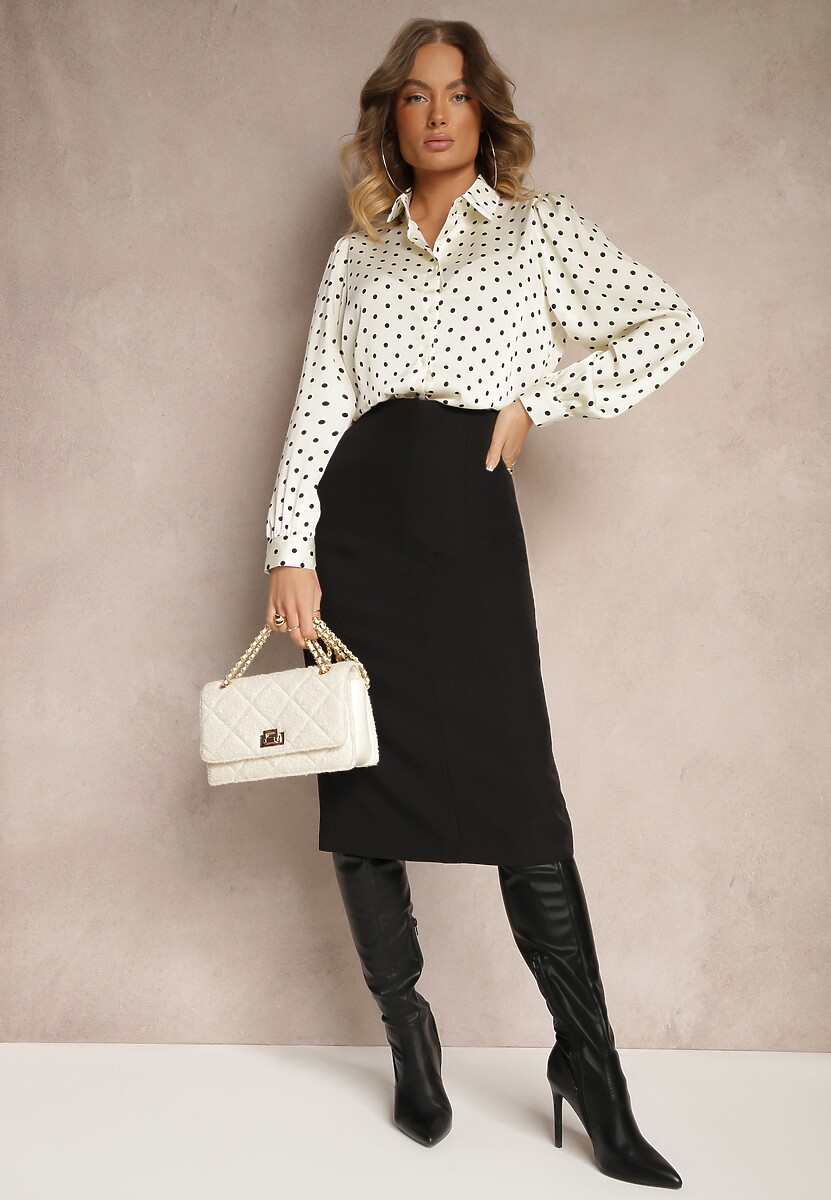 Jasnobeżowa Koszula w Kropki z Długimi Rękawami i Kołnierzykiem Alisate