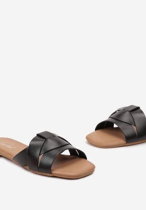Czarne Klapki na Płaskiej Podeszwie z Przeplatanymi Paskami Vinera