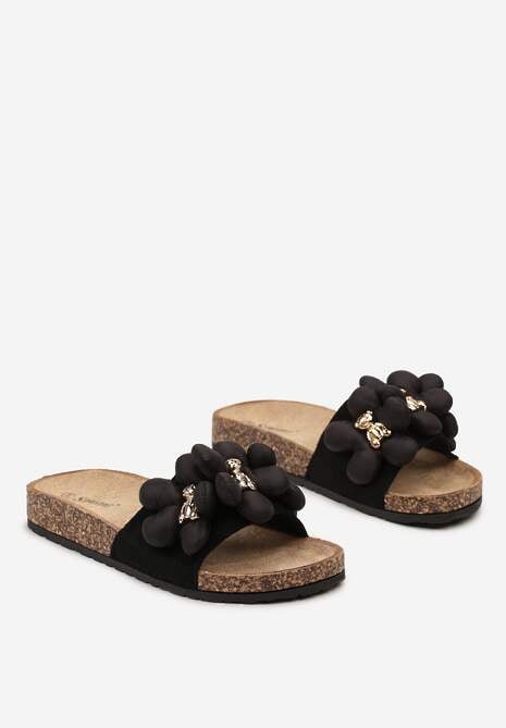 Czarne Klapki ze Złotymi Misiami i Kwiatkami na Profilowanej Podeszwie Isaralle