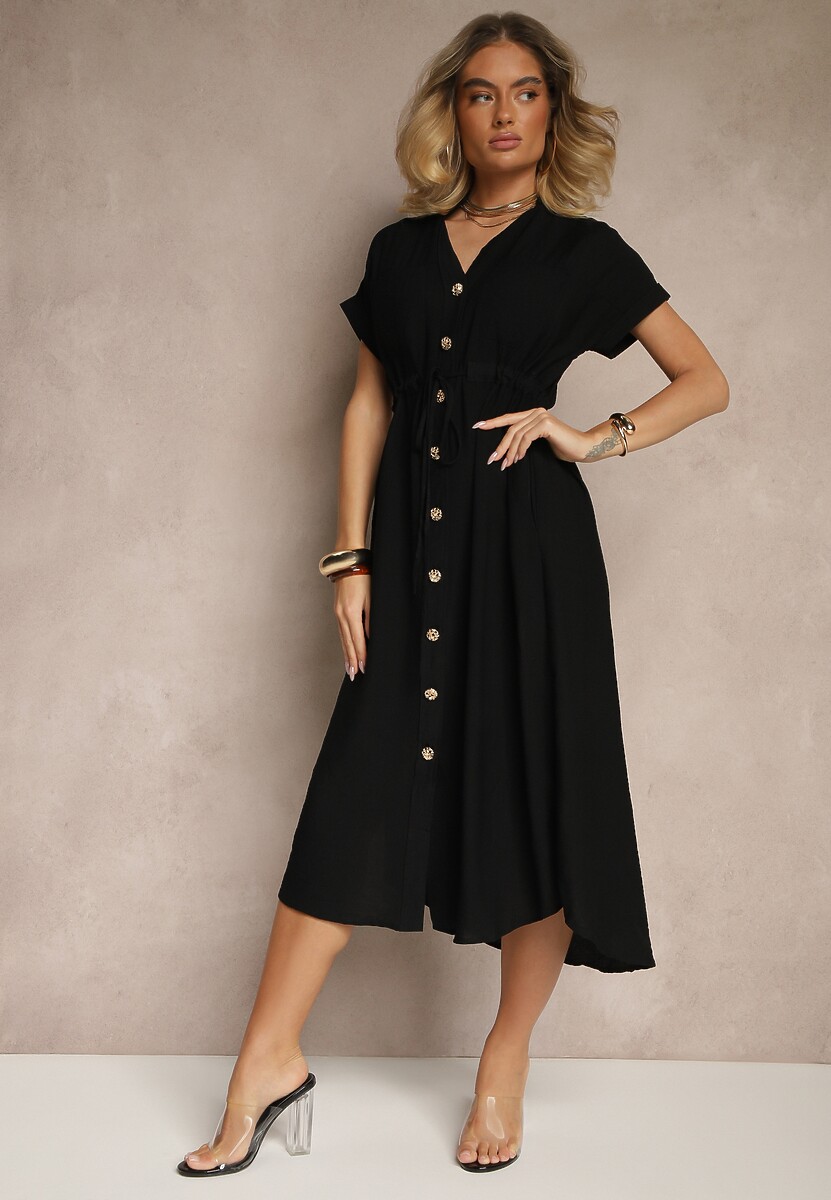 Czarna Wiskozowa Sukienka Koszulowa z Guzikami i Wiązaniem w Talii Velazia