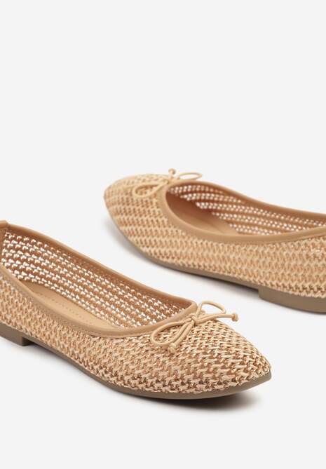 Ciemnobeżowe Plecione Balerinki z Ozdobną Kokardką Koriappe