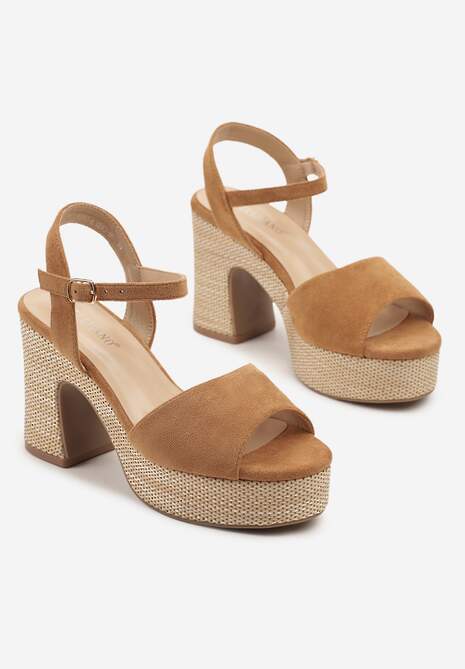 Brązowe Sandały na Słupku z Platformą z Motywem Plecionki Sorliza