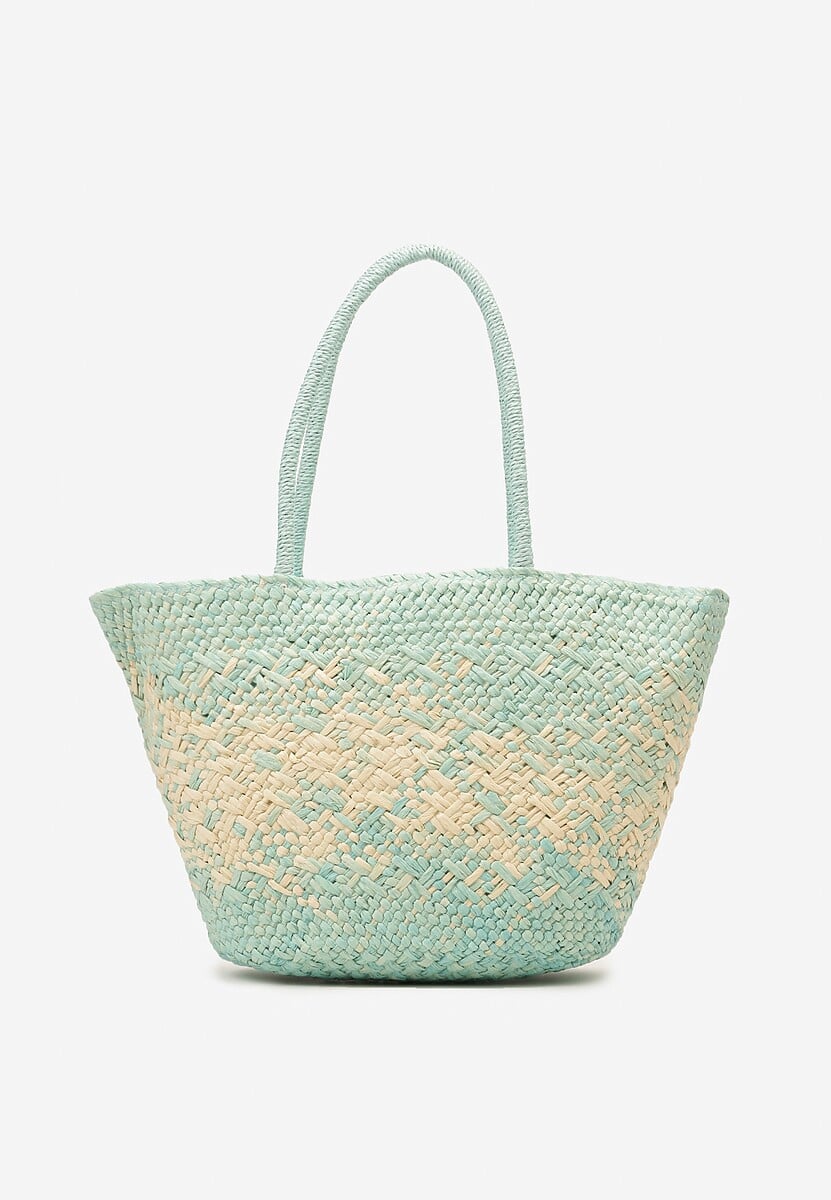 Niebiesko-Beżowa Duża Torebka z Plecionki w Stylu Boho Zapinana na Zamek Błyskawiczny Noico